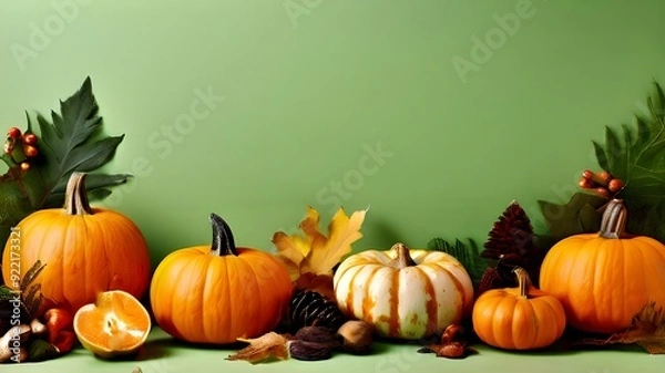 Fototapeta Autumn composition with pumpkins and natural forest decor on green background