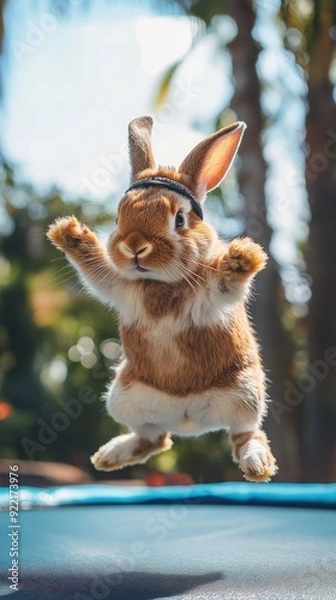 Fototapeta A rabbit wearing sportswear and a headband is joyfully jumping on a trampoline under the warm sun