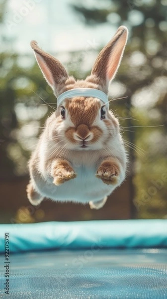 Fototapeta A rabbit wearing a headband and sports attire leaps energetically on a trampoline under the bright sun