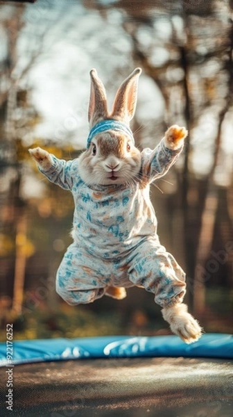 Fototapeta A rabbit dressed in sportswear and a headband joyfully jumps on a trampoline, showcasing its playful spirit in a sunny backyard