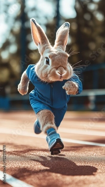Fototapeta A light brown rabbit wearing a blue tracksuit races on a running track, showcasing its determination and agility during a bright afternoon