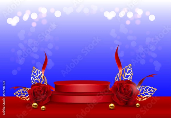 Fototapeta The beautiful Russia mockup for a product presentation. The vector background with red roses, golden leaves and pearls. Holiday banner.