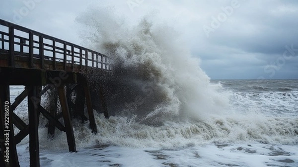 Fototapeta A close-up of waves crashing over a storm-beaten pier, with splashing water and rugged structures illustrating the impact of severe weather conditions.
