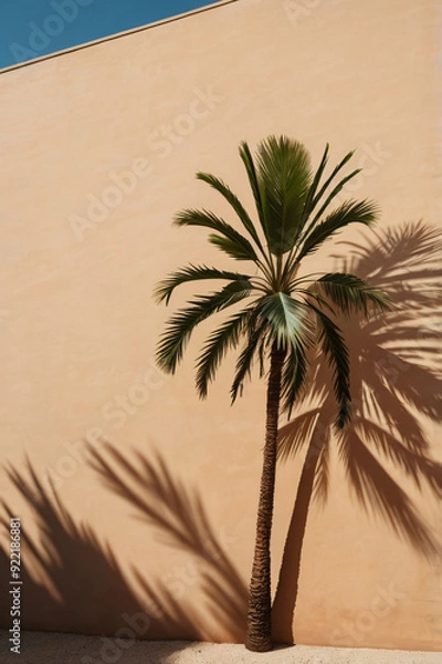 Fototapeta Minimal product placement background with palm shadow on concrete wall. Luxury interior aesthetic.