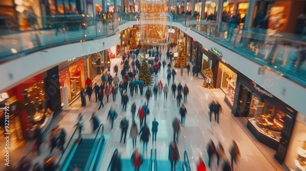Obraz A blurred motion shot of a busy shopping mall, showcasing the rapid movement of people through its sleek, brightly lit interiors. This dynamic scene highlights the lively atmosphere.