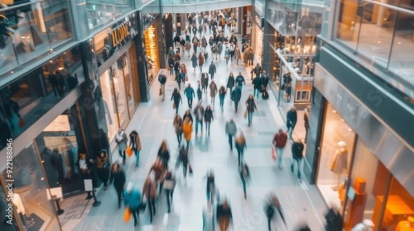 Obraz A motion blur image capturing the fast-paced movement of shoppers in a modern shopping mall. The vibrant, brightly lit retail space with multiple levels and sleek architecture.