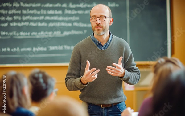 Obraz A balding, bespectacled professor in his late thirties, sporting a short beard and casual attire, commands a classroom's attention. 