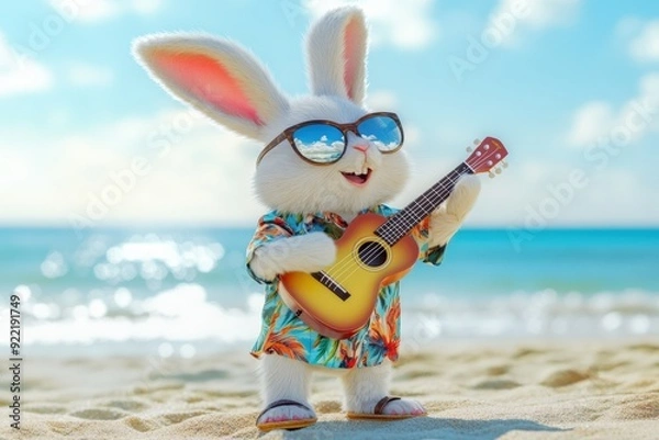 Fototapeta A cheerful rabbit with sunglasses strums a guitar on a sandy beach, enjoying the sunny atmosphere and ocean waves