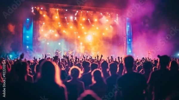 Fototapeta A large crowd is celebrating at a concert, surrounded by bright lights and smoke, with hands raised in excitement.