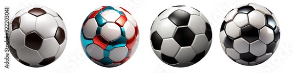 Fototapeta Set of 3D soccer ball icons in different colors and shapes, with white background (no background).