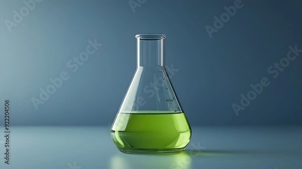 Fototapeta Glass Erlenmeyer flask, bright green liquid, clear container, scientific laboratory glassware, chemistry experiment, transparent reflections, minimalist background.