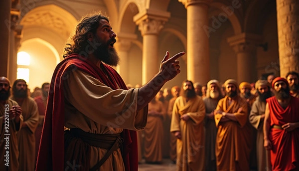 Fototapeta A passionate depiction of Apostle Paul fervently preaching the Gospel in an ancient synagogue, capturing the intensity and dedication of early Christian ministry.