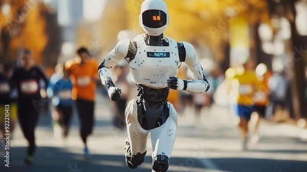 Fototapeta Futuristic Robot Running in a City Marathon Event