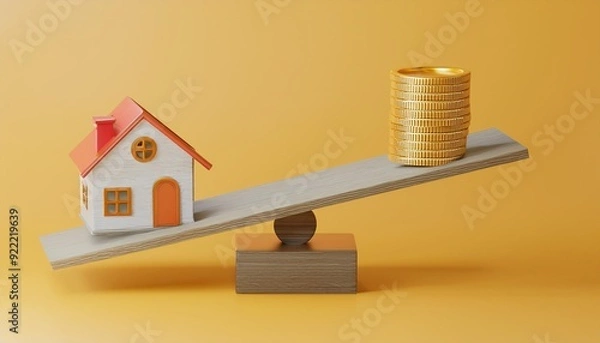Obraz House and coin on balancing scale on yellow background. Real estate business mortgage investment and financial loan concept. Money saving and cashflow theme. 3D illustration rendering graphic design
