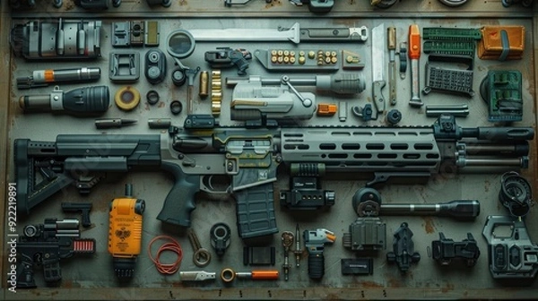 Obraz A detailed view of a tactical shotgun with various attachments and accessories, laid out on a workbench with a focus on the advanced features and customization