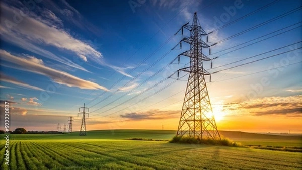 Fototapeta Transmission tower standing tall in a field, electricity, infrastructure, energy, power lines, structure, technology, metal