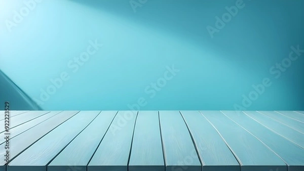 Fototapeta Empty wooden table with blur background of shadow soft blue wall. Generative AI