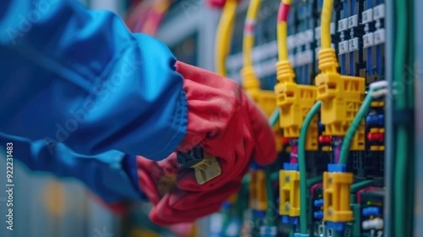 Fototapeta Close up view of complex electrical wiring and circuits with electricians working on repairing and maintaining the system at an industrial workplace  Concept of electrical engineering technology