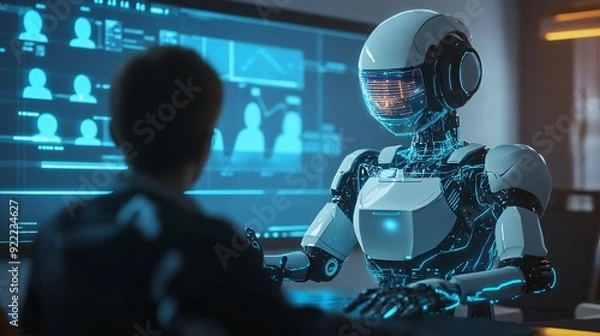 Fototapeta Concept of AI in education with a robot teaching digital holographic students