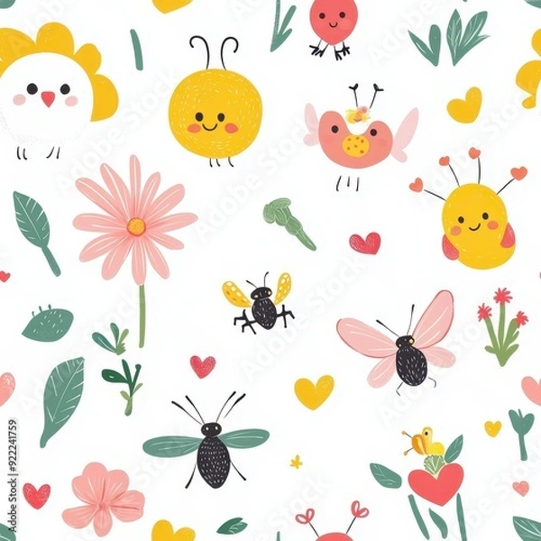 Fototapeta seamless pattern, Adorable kawaii picnic with smiling animals and playful insects