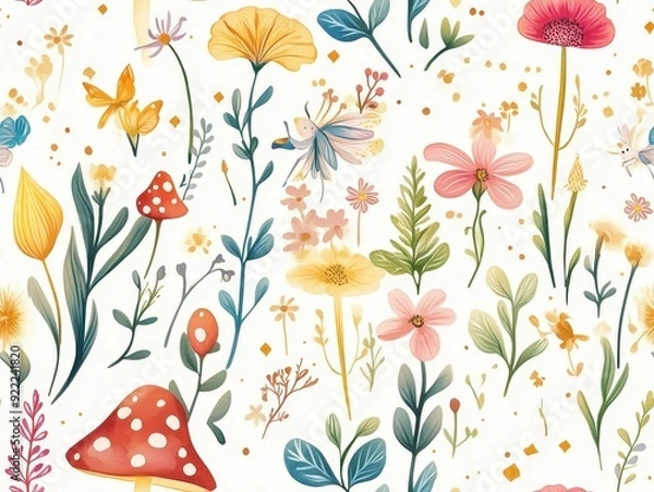 Fototapeta seamless pattern, Kawaii enchanted garden with magical creatures like fairies