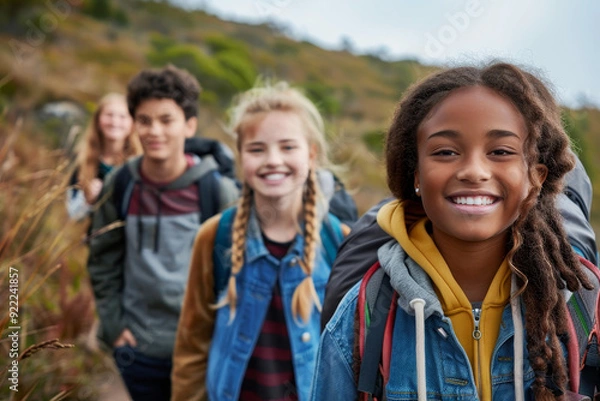 Fototapeta Diverse group of happy teenagers hiking and enjoying nature together on a sunny day