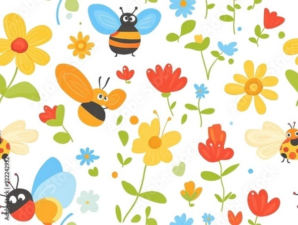 Fototapeta seamless pattern, Cheerful kawaii insects including ladybugs
