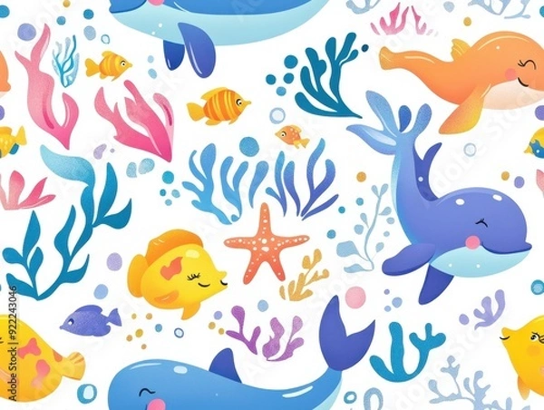 Fototapeta seamless pattern, Kawaii underwater party with smiling fish