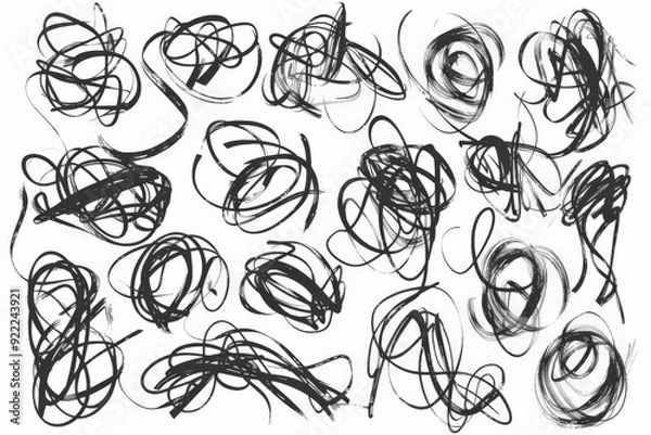 Fototapeta A set of abstract black and white scribbles, representing chaotic thought processes, raw emotions, and the intricacies of human creativity, showcasing unfiltered artistic expression.