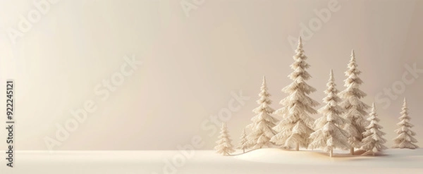 Fototapeta Snow landscape with trees and hills, light cream white background, winter scene, Christmas decoration, simple design, flat illustration, minimalist design banner in pastel beige color
