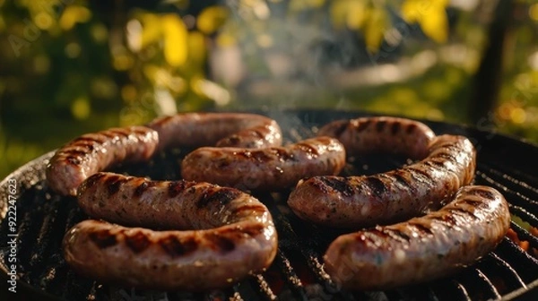 Fototapeta A group of sausages are cooking on a grill outside, AI