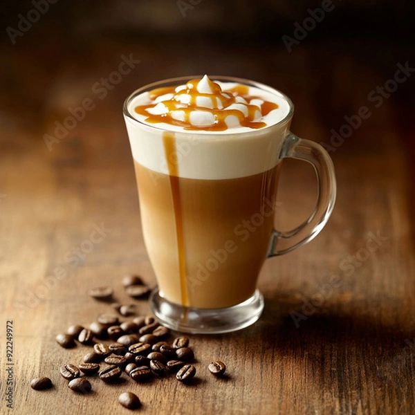 Fototapeta A delicious gourmet caramel macchiato topped with whipped cream.AI Generation.