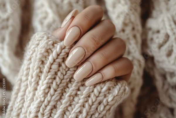 Fototapeta Close up of a woman's elegant, nude manicured nails holding a cozy beige knitted sweater. Generated AI