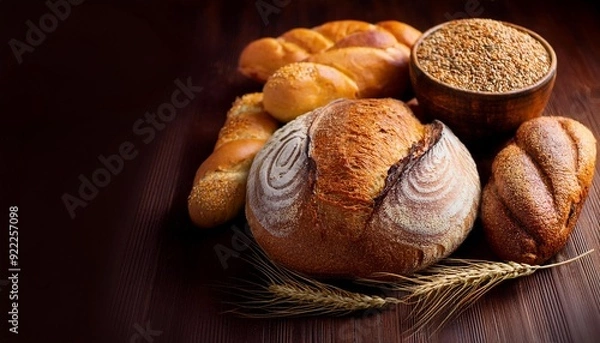 Fototapeta Different kinds of bread with nutrition whole grains on wooden background. Food and bakery in kitchen concept. Delicious breakfast gouemet and meal.