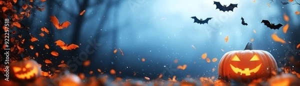 Fototapeta Spooky Halloween Sale Advertisement with 3D Elements on Black Background for Typography featuring Ghosts, Bats, Pumpkins, and Empty Space for Text - Illustration