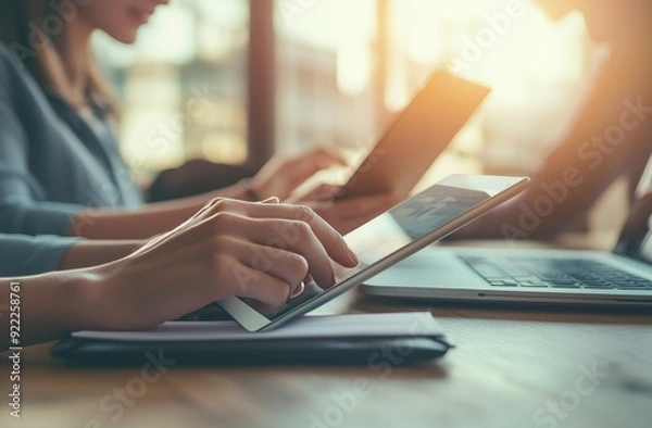 Obraz An image of a young team of entrepreneurs working on a new start-up project. A woman shows a digital tablet on a wood table, and a man holds a report on the desk. The background is blurred, with film
