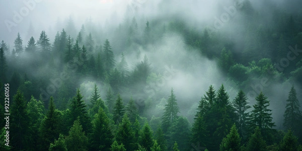 Fototapeta Aerial view of a misty fir forest with glowing sun light a foggy, nature landscape at sunrise. A scenic dreamy dawn background
