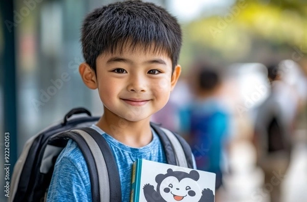 Fototapeta Cute asian student first day of school with backpack and cute panda notebook. 