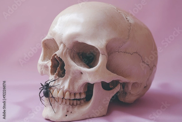 Fototapeta A skeleton skull with a single spider crawling out of its mouth, isolated on a pastel lavender background,