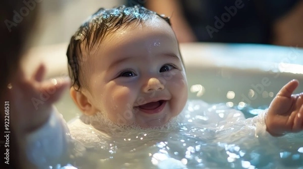 Fototapeta First Blessing: Newborn Baby Christian Baptized with Water