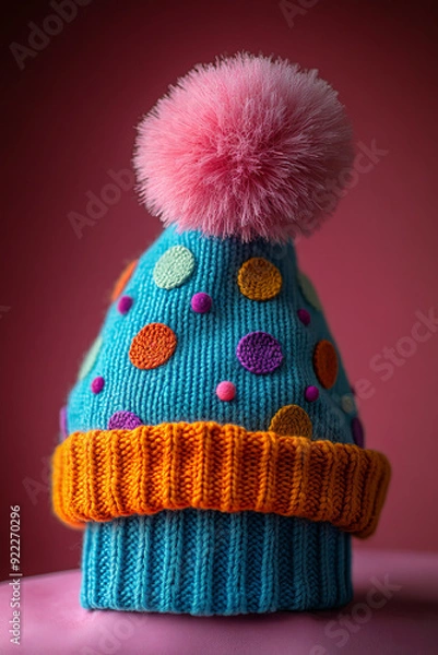 Fototapeta A party hat with colorful polka dots and a pom-pom on top, isolated on a pastel coral background,