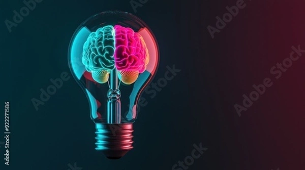 Fototapeta Surreal close-up of a light bulb with a brain inside, glowing in a spectrum of rainbow colors, intricate glass reflections, symbolizing diverse ideas