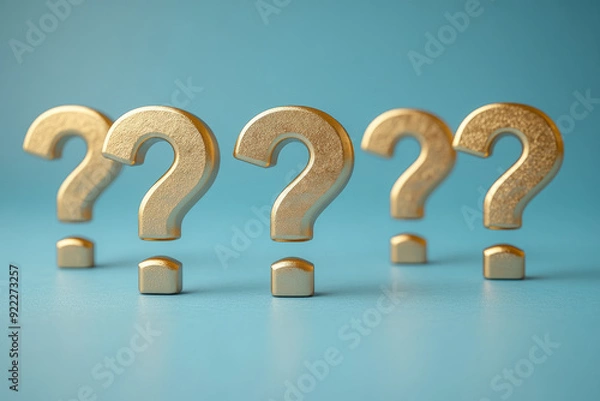 Fototapeta A line of identical question marks, with one question mark in a metallic gold, isolated on a pastel blue background,
