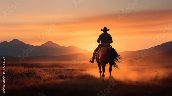 Fototapeta A cowboy on horseback riding across an open plain at sunset with mountains in the background.