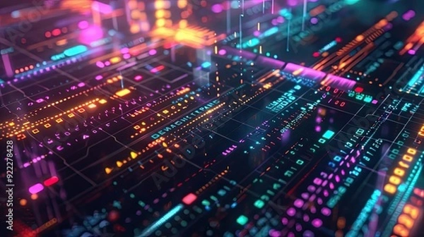 Obraz Vibrant abstract digital background with colorful lights and intricate patterns representing technology and innovation.