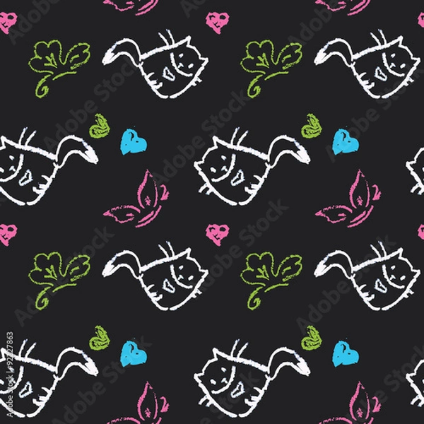 Fototapeta Seamless pattern with cats,hearts,butterfly on black.