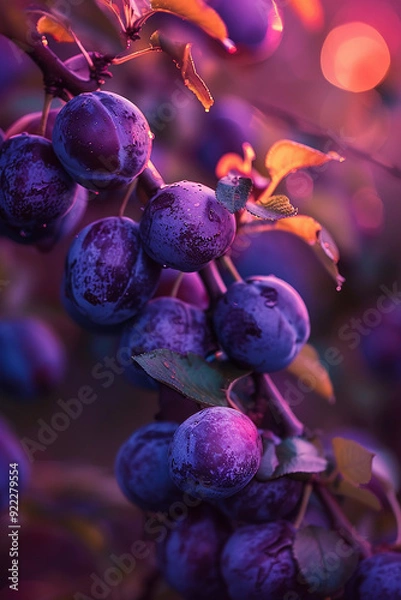 Fototapeta Purple plums close up hanging on tree at sunset generated.AI
