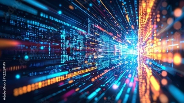 Fototapeta This image is an abstract representation of digital transformation, in which virtual data flows and AI elements converge to create a transformative user experience.