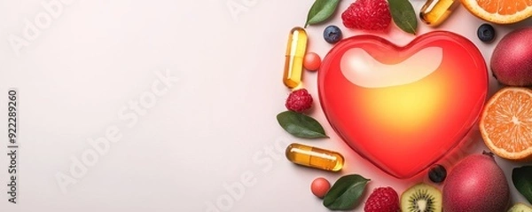 Obraz Colorful heart shape surrounded by fresh fruits and supplements, symbolizing health and wellness in a creative layout.