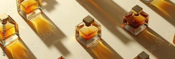 Fototapeta Assorted elegant perfume bottles casting shadows on beige surface.